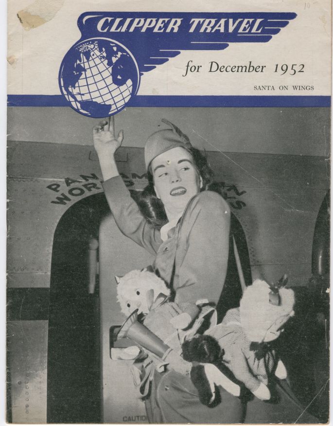 1952 December, Clipper Travel in-flight magazine with stewardess on cover.